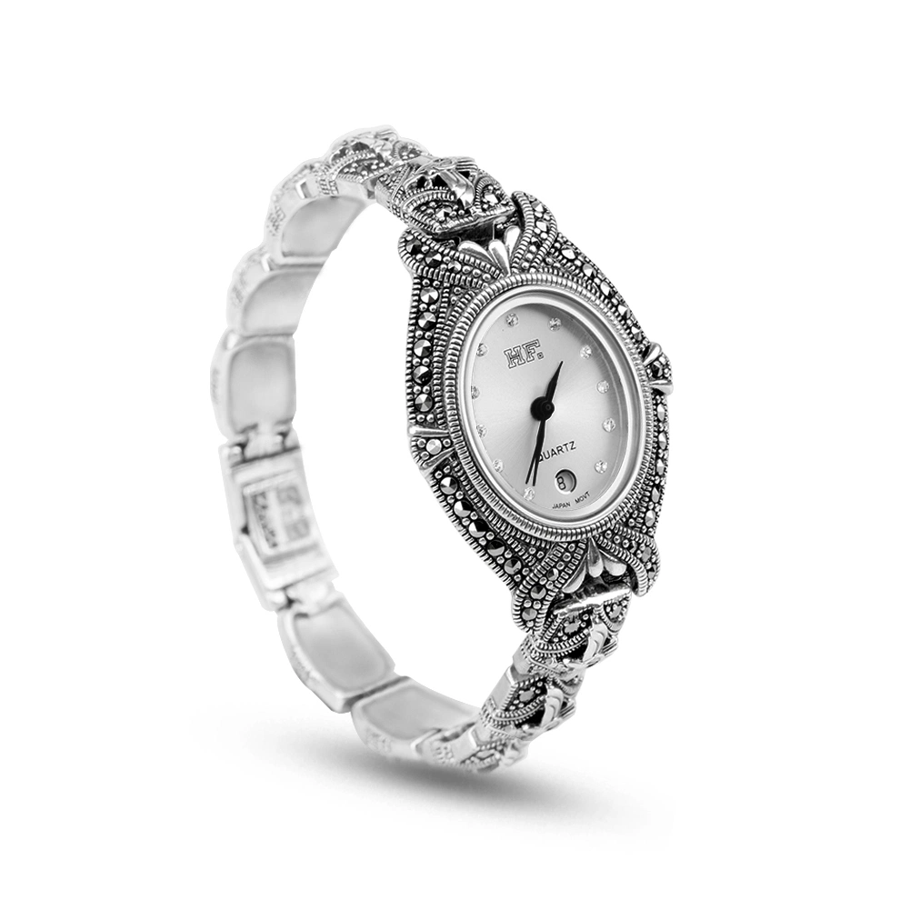 Jade Angel Women Pave Marcasite 925 Sterling Silver Wrist Watches Oval Style