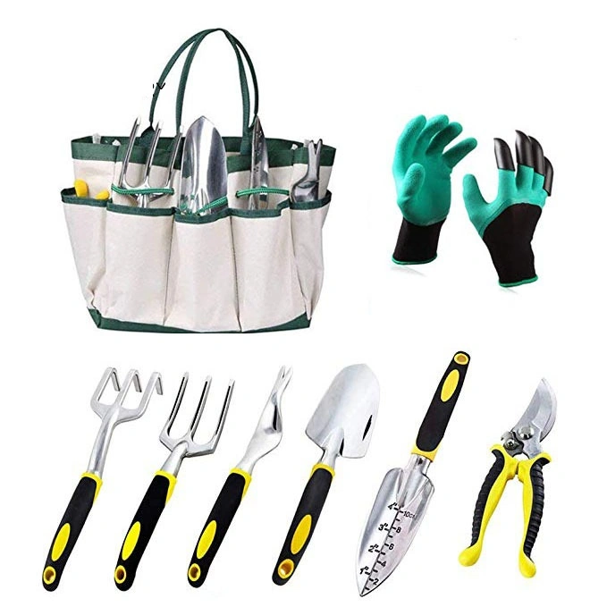 9PC/Set Garden Tools ضع الخشب المتين من الفولاذ المقاوم للصدأ للخدمة الشاقة مقبض مع قفازات أدوات أكياس أدوات يبستن مجموعة أدوات