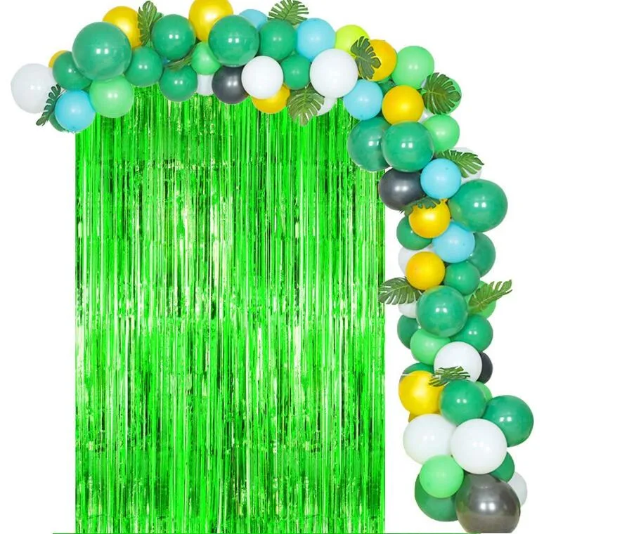 Metallic Foil Fringe Green Curtain Backdrop Photo Booth Jungle Dinosaur Jurassic Forest Hawaiian Party St Patrick Day Decoration