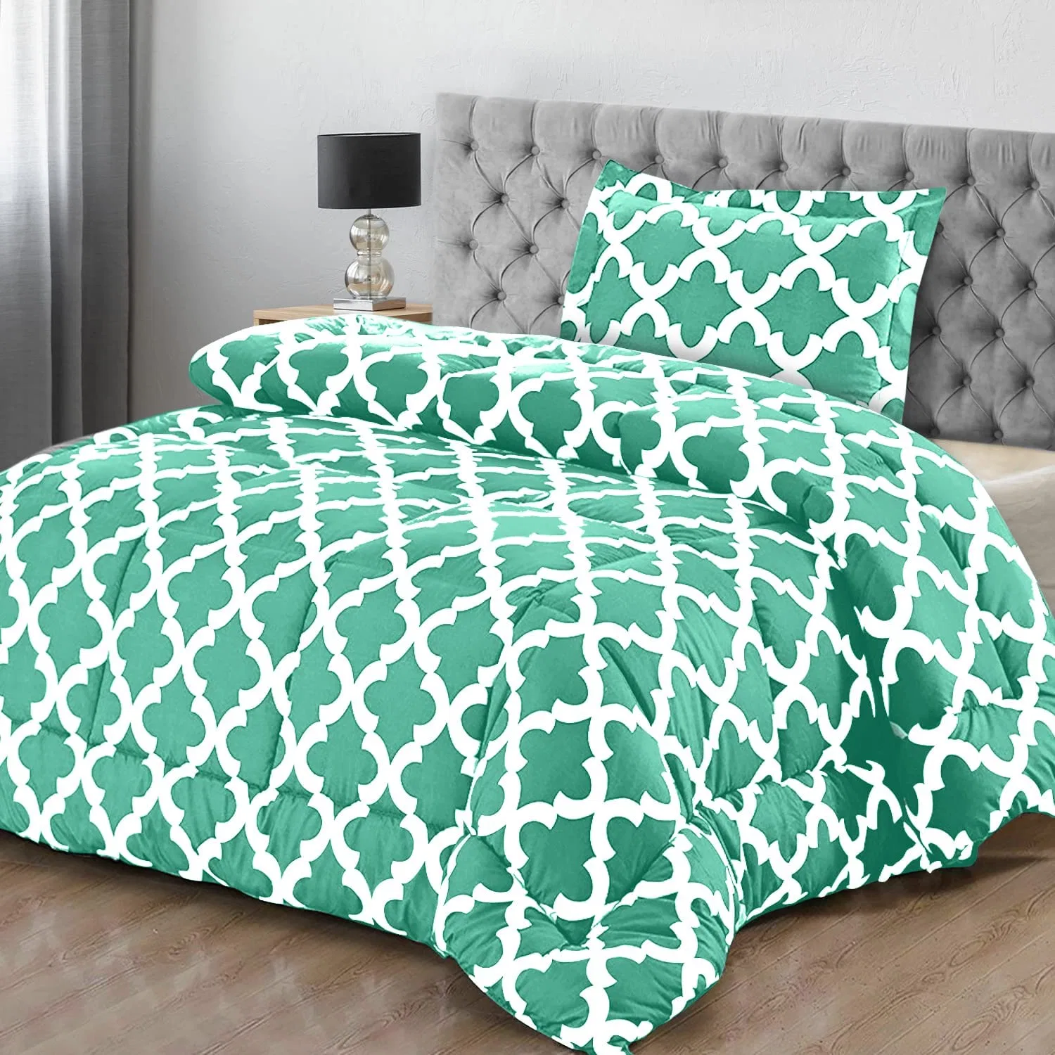 أسرّة الأطفال من نوع Twin لحاف (Quatrefoil Sea Green) مع بيلو شام - مجموعات من مفراش السرير - لأسفل لحاف بديل - ناعم ومريح