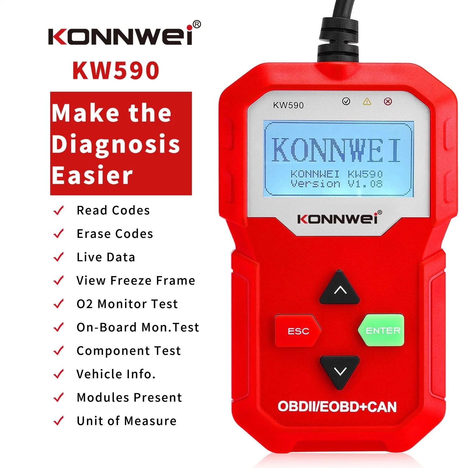 Konnwei KW590 de diagnostiquer les problèmes de lecteur OBD2 Voiture Lecteur de code de diagnostic automatique des outils pour le 12V de l'essence, les véhicules Diesel 7 langues