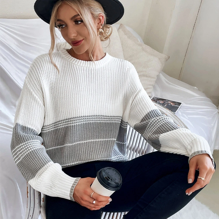 2021 New Women's Simple Plain Striped Block Stitching Round Collar Women Knit Sweater