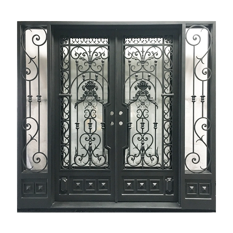 China Design Custom Residential Exterior Security Entry Double Swing Metal Wrought Iron Doors