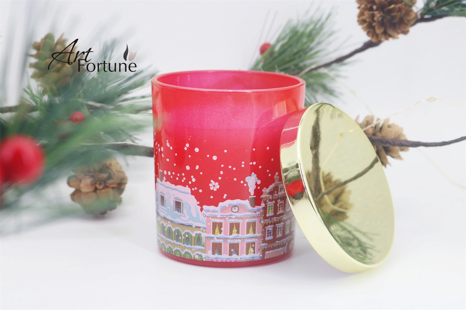 Jarro de vidro personalizado Hot Sale Candle com tampa dourada para Natal