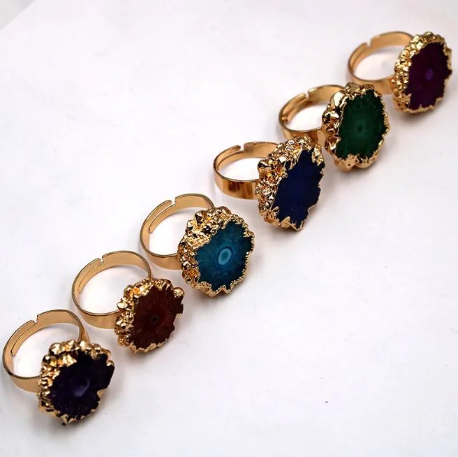 Hot Selling Fashion Gemstone Crystal Gold Ring High Quality Sunflower Gold Ring Inlay Druzy Agate Ring