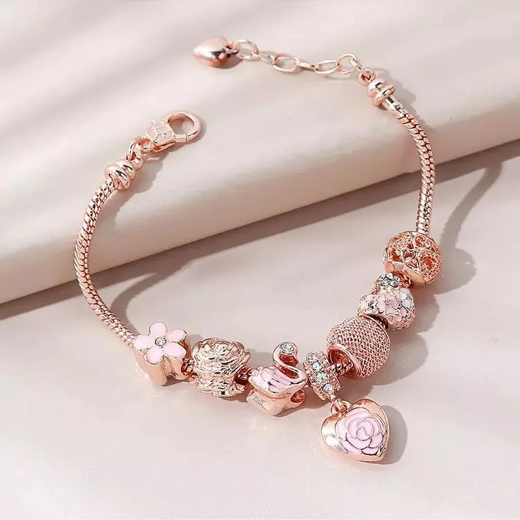 Rose Gold Rhinestone Crystal Flower Heart Charm Bracelet