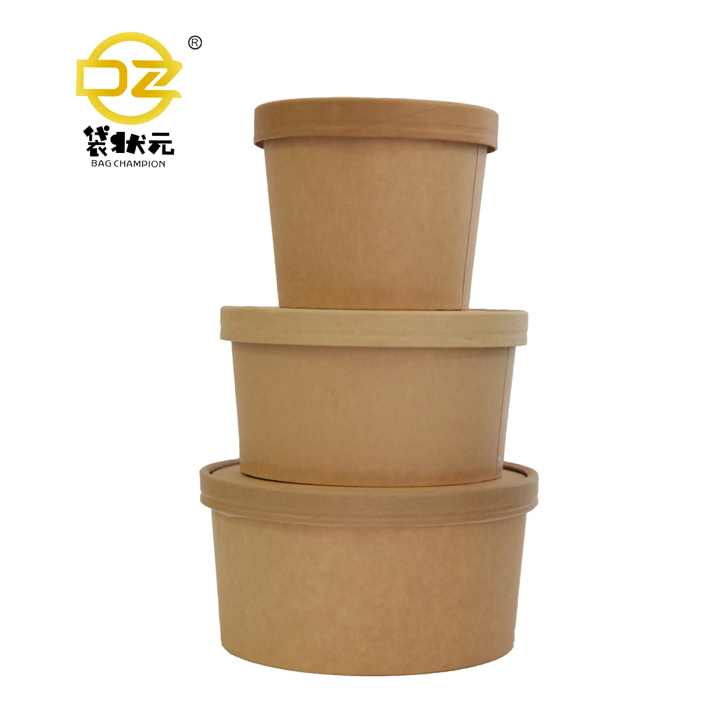 Factory Supply Compostable Kraft Paper Container Cup Bowl for Salad Soup Fast Food with Clear Lip