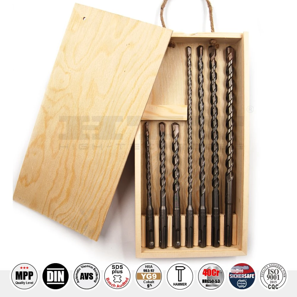 Pgm Premium Quality 7PCS Hammer Drill Set SDS Plus in Bamboo Box for Concrete Brick Stone Cement Drilling