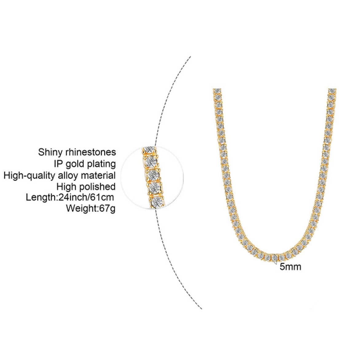 Jewelry Accessories Fashion Personality 20-Inch Alloy Single-Row Diamond Necklace Gold 5mm Jewelry