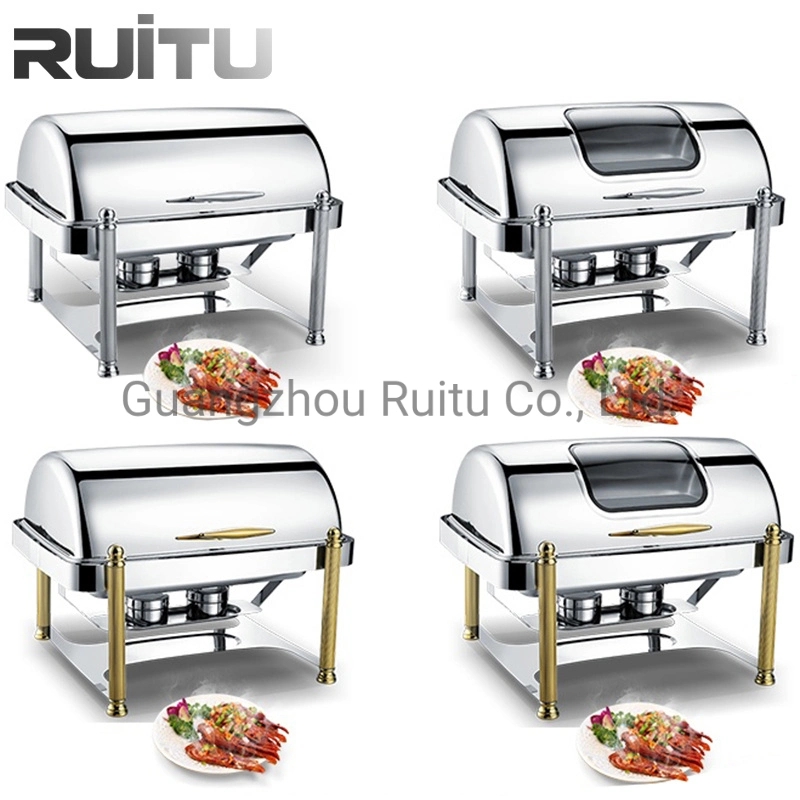 Hotel Buffet Server Food Warmer Dish Fuel or Electric Heater Stove Square Shape 6L Stainless Steel Hydraulic Chef in Dish Glass Lid Chaffing Dishes for Home Use