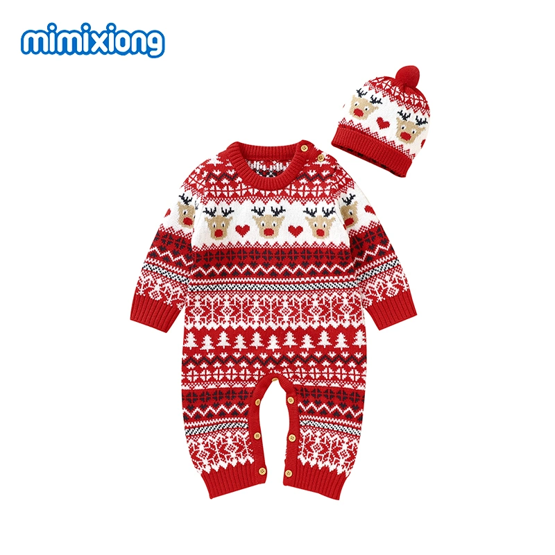 Baby Christmas Clothes Suit Elk Heart Knitted Romper Sets with Ball Hat