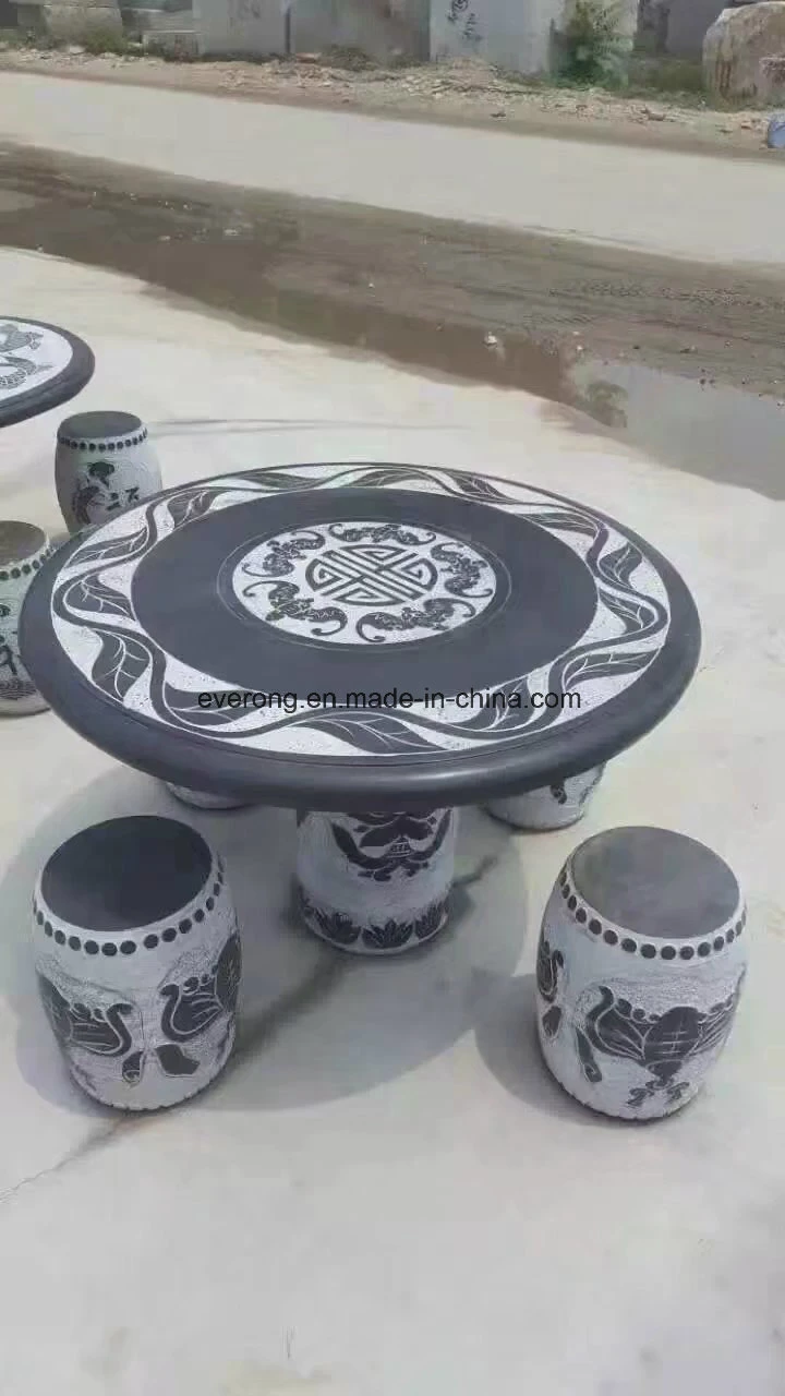 Black Granite Carving Round Table with Four Round Benches for Home &Garden Decoration