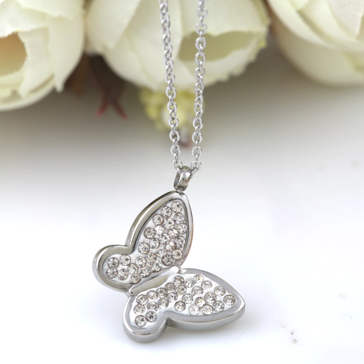 Belles femmes bijoux diamant en acier inoxydable de mode Butterfly Collier pendentif