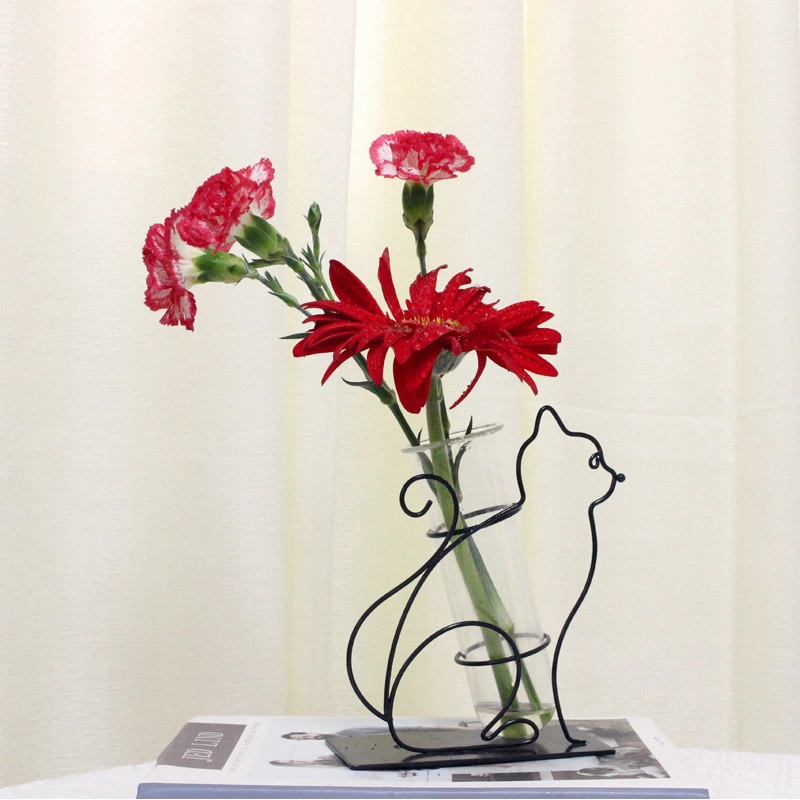 Factory Cheap Custom Cat Metal Flower Holder with Glass Tube