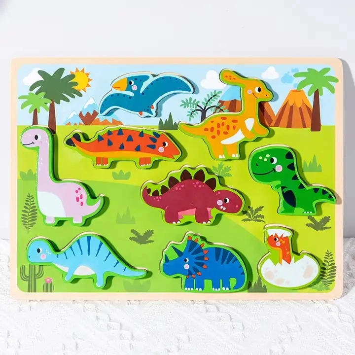 New Design Wholesale Children Baby Custom Kids Chunky Educational 3D Wooden Puzzle with Different Dinosaur Puzzle Wooden Toys