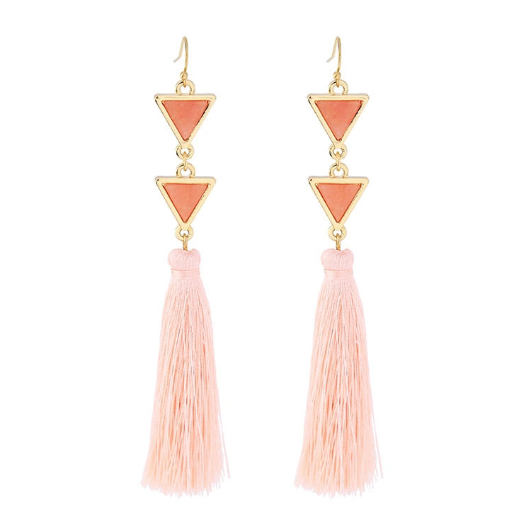 Boho Ethnic Jewelry for Women Long Raffia Tassel Irregularity Triangle Natural Stone Chandelier Hook Earrings