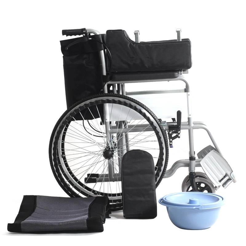 Portable Household Health Nursing Steel Frame Powder Coating Manual Commode Function Wheelchair with Handbrake