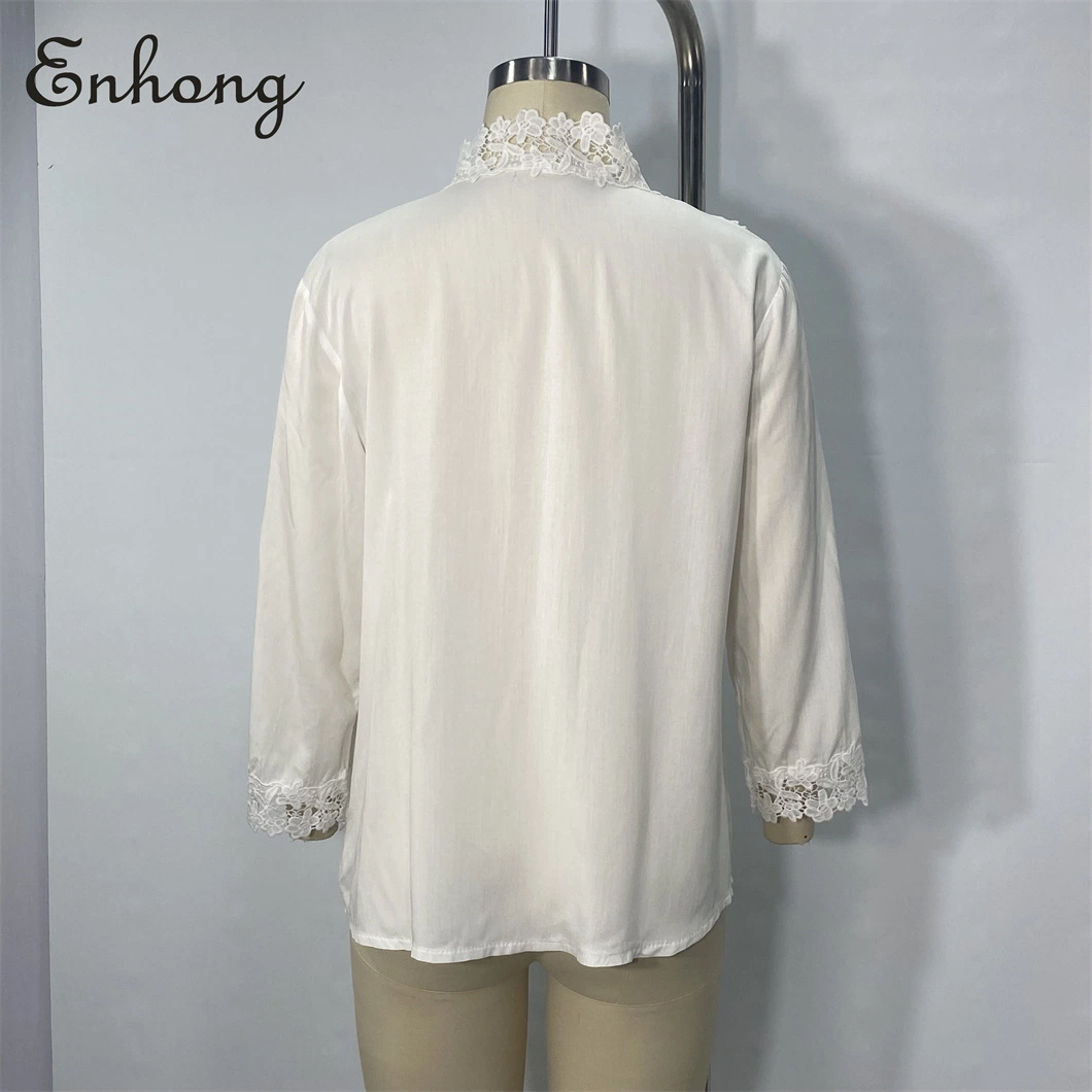 Wholesale/Supplier White Office Ladies Stand Collar Tops Lace Ruffle Long Sleeve Blouse Shirt