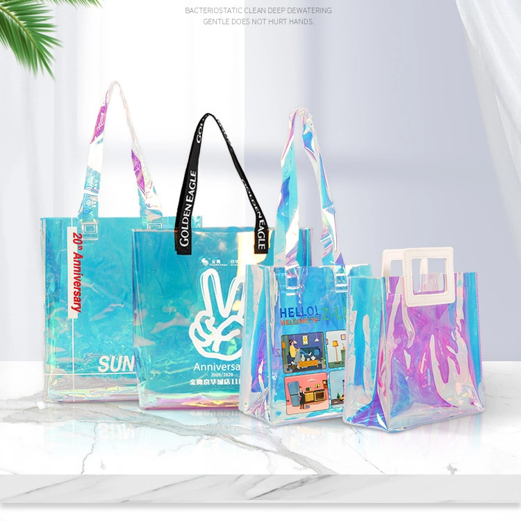 Fashion Customized Shinning Lady Transparent PU Handbags Clear Laser Women Tote Beach Bag