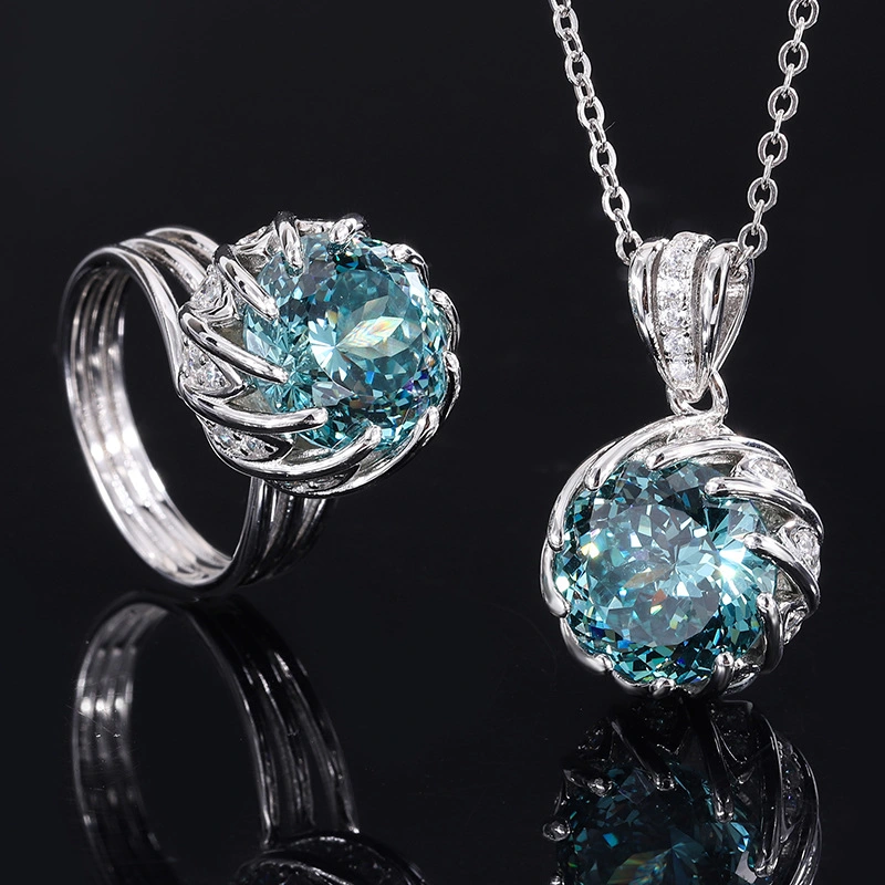 Haute teneur en carbone de haute qualité diamant rose de coupe de glace Topaze Bleue CZ Engagement plaqué rhodium 925 Sterling Silver femmes bijoux Set