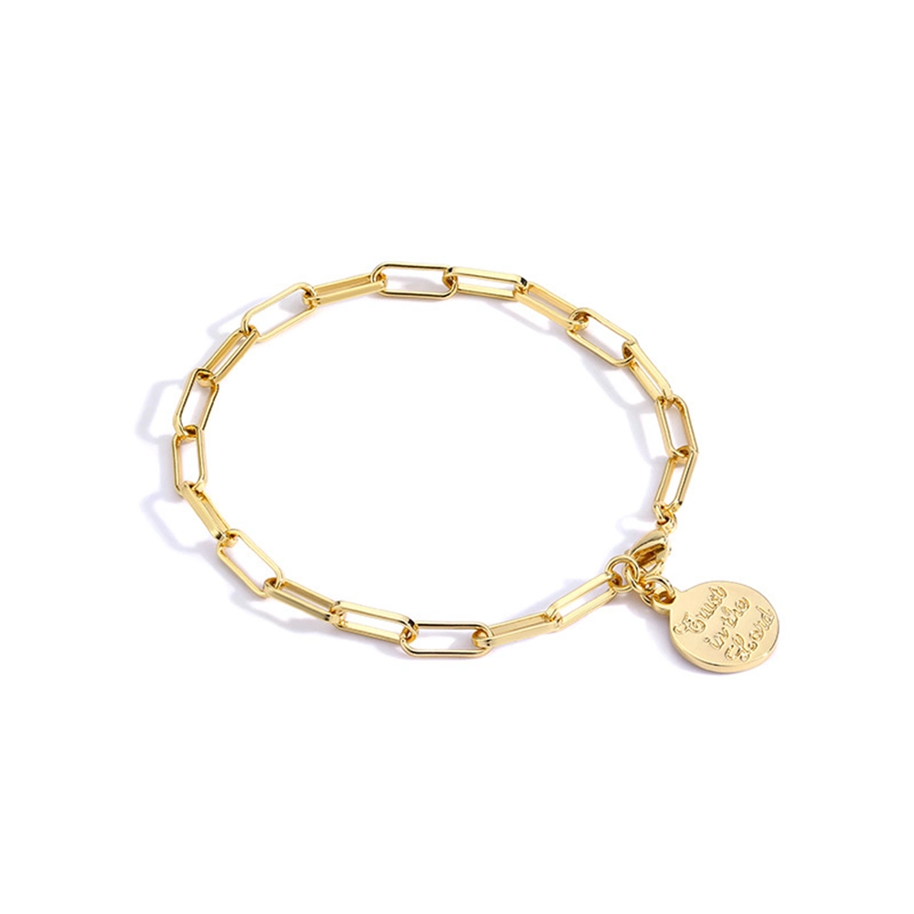 Latón chapado en oro de minimalismo moda ronda grabado carta que deseen el encanto de la moneda de bronce de la cadena enlace colgante pulsera para mujer