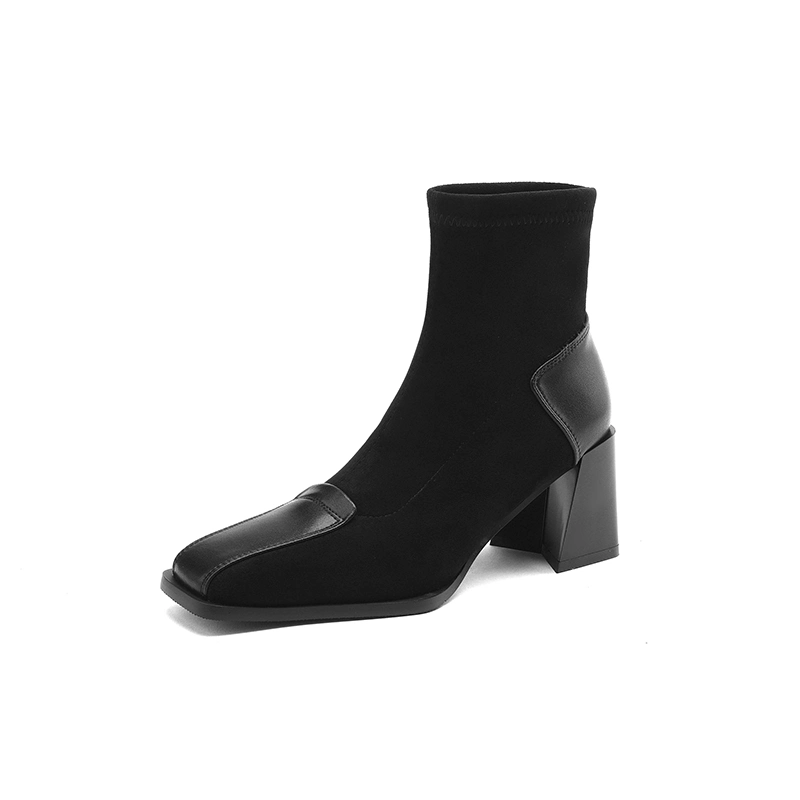 Square Toe Chaussures en cuir kaki daim Mesdames bloqué MI Talon Les femmes s'étirer bottines