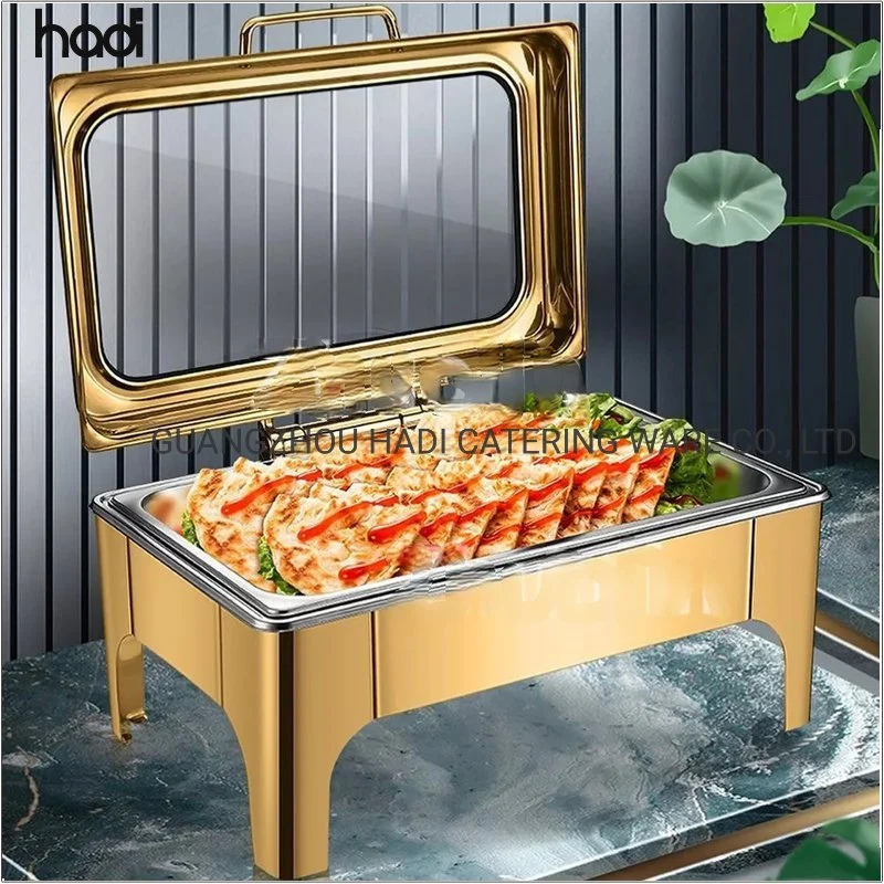 Hospitality Glass Lid Chafer Modern Chefing Dish Luxury Stainless Steel Round Roll Top Buffet Server Gold Chafing Dishes Insulated Food Warmer Set for Wedding