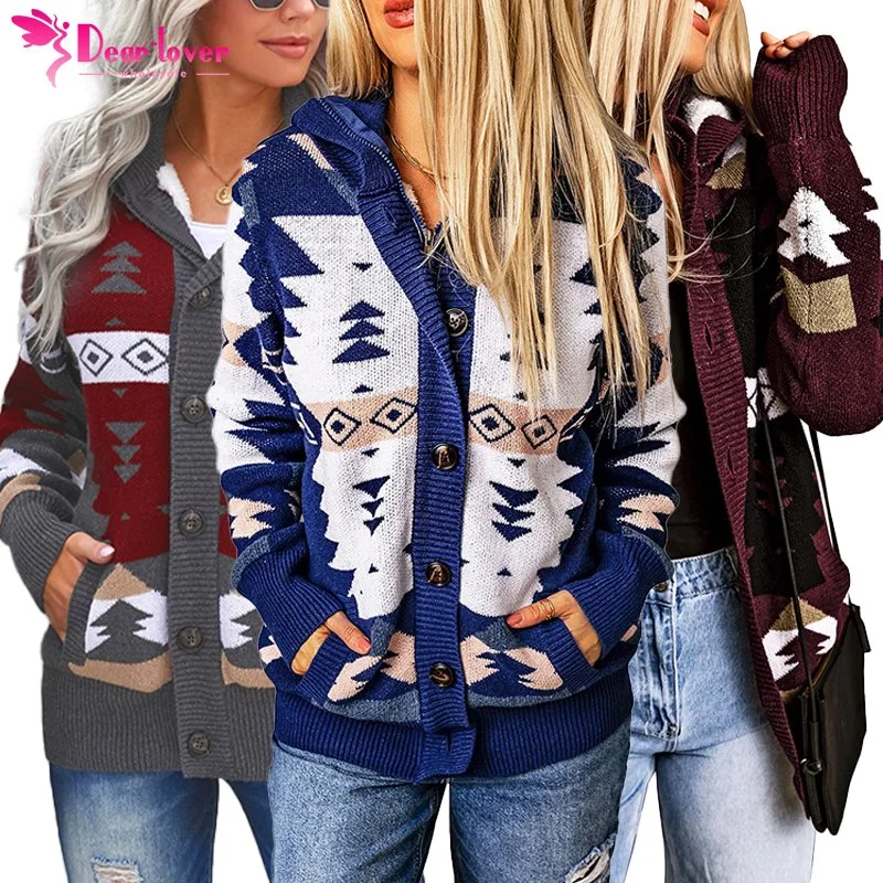 Dear-Lover Aztec Retro Jacquard Pattern Buttoned Front Hooded Cardigan Sweater