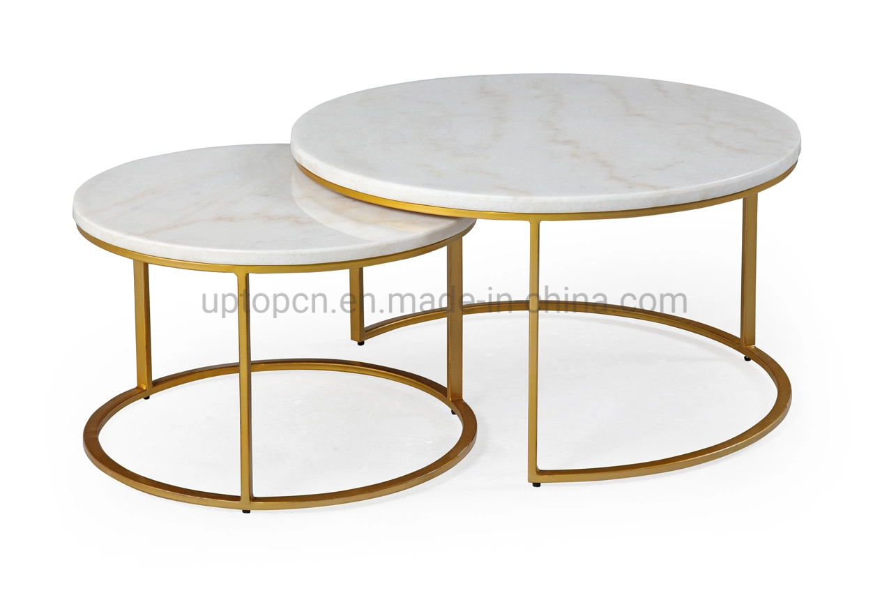 Modern Round White Marble Brass Nesting Coffee Tables