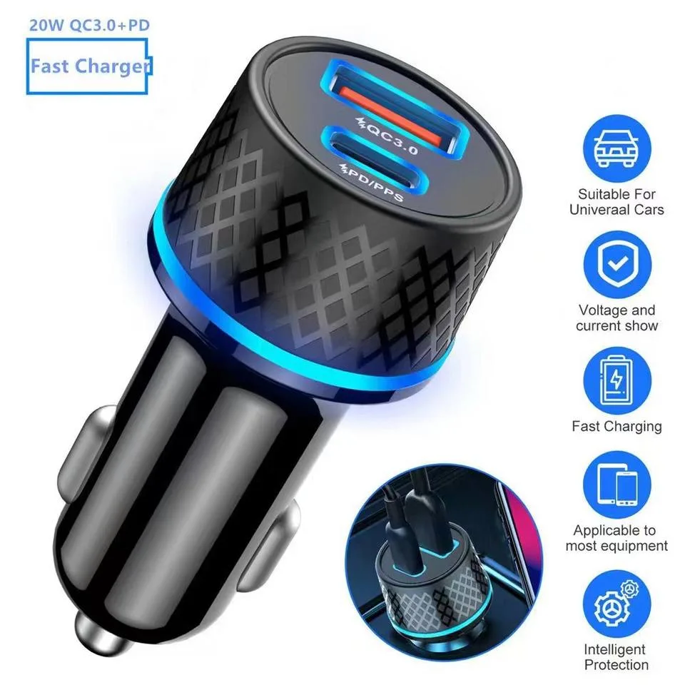 Fast USB C Car Charger for Ios Pd Car Charging 3.1A Dual USB Port Car Charger Cigarette Lighter Adapter