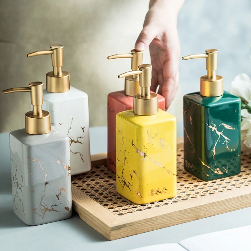 Nordic Style Ceramic Hand Sanitizer Bottle Square Marble Soap Dispenser Push Type Shampoo Shower Gel Lotion Bottle Bathroom Accessories Portable Ceramic Bottle