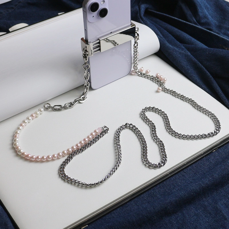 Pink Ball Bead Metal Chain Phone Clip Universal Heart Shape Pearl Messenger Strap Phone Case Accessories