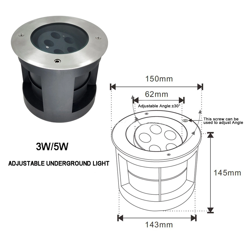 2023 Nouvelle lampe de projecteur de jardin enterrée extérieure en acier inoxydable IP67, avec angle réglable et rotatif, et LED intégrée.