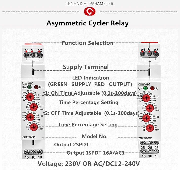 Geya TRB8-S el tiempo de ciclo asimétrica del relé 1SPD 2SPD 16A 2 modos de relés de control de tiempo