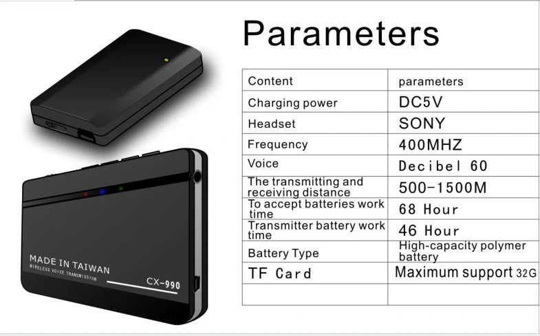 CX-990 Supervisión de transmisión de voz inalámbrica, transmisión de voz inalámbrica Gadgets de audio MP3 función de reproducción y grabación (avp031ja)