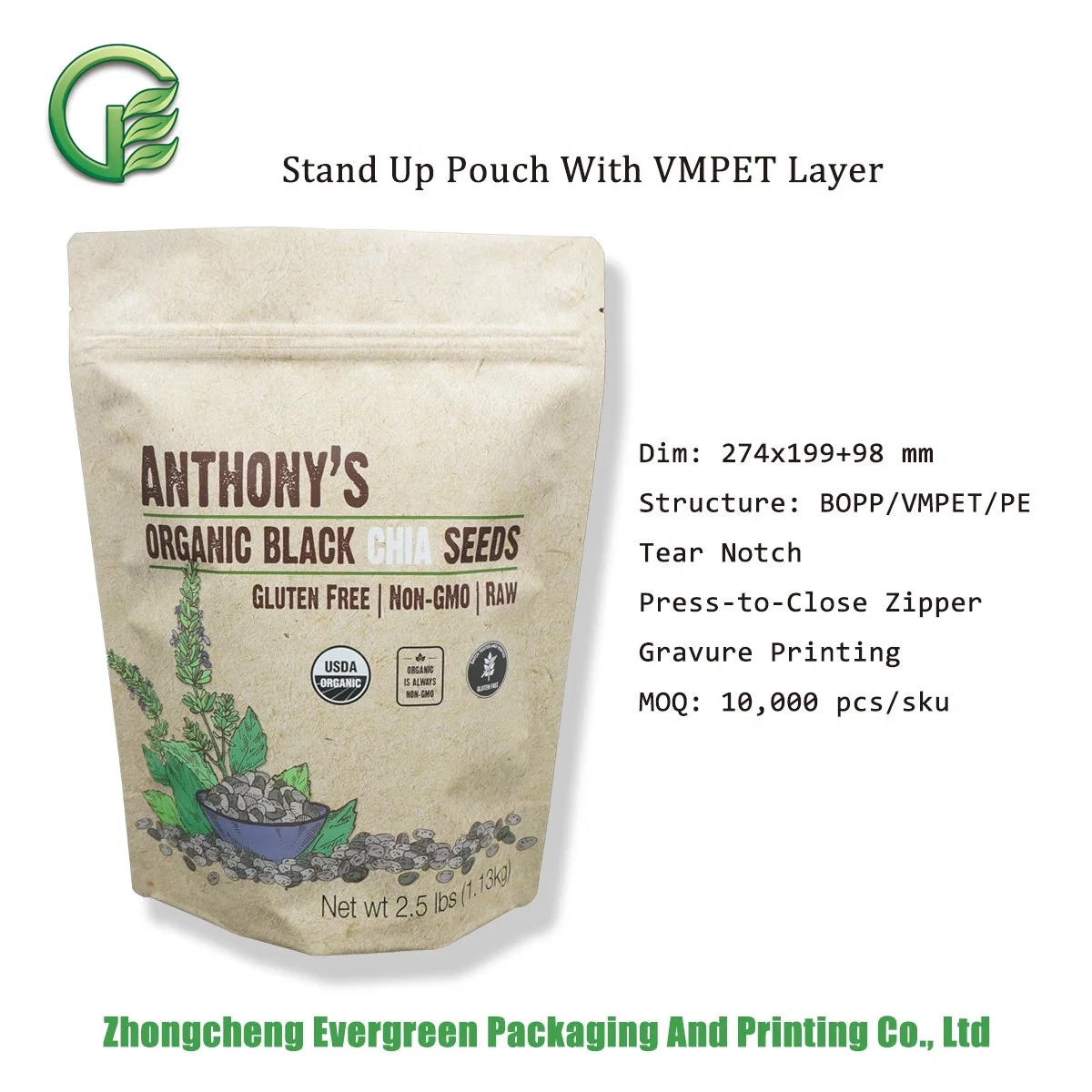 2,5 lb Sac d'emballage en papier résistant à l'humidité avec aspect papier biologique Super aliment Graines de chia Fermeture à glissière à verrouillage par pression en PET métallisé Sac d'emballage en plastique à soufflet Doy Seal