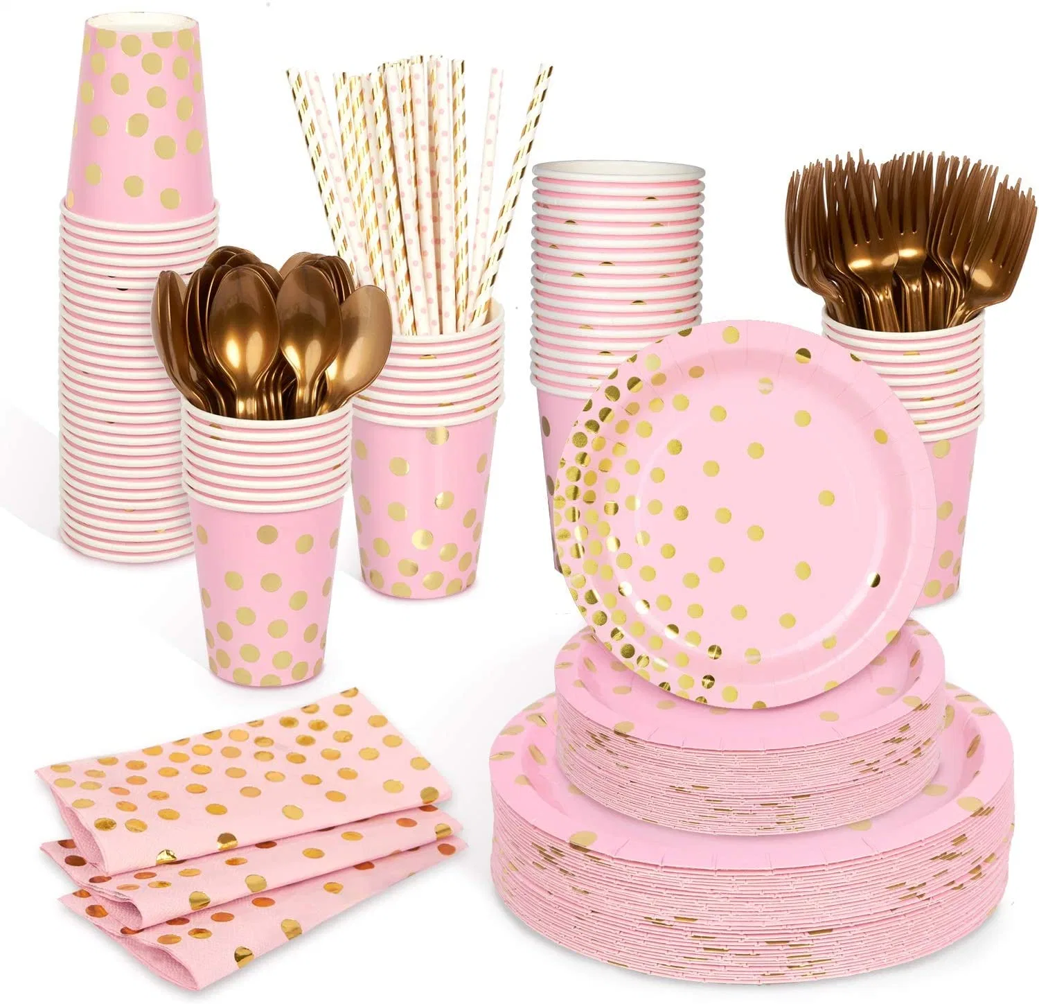 Decorlife Pink Paper Plates Serve 50, Party Plates and Drinking Straws Included for Pink and Gold Birthday Party Supplies, Total 400PCS