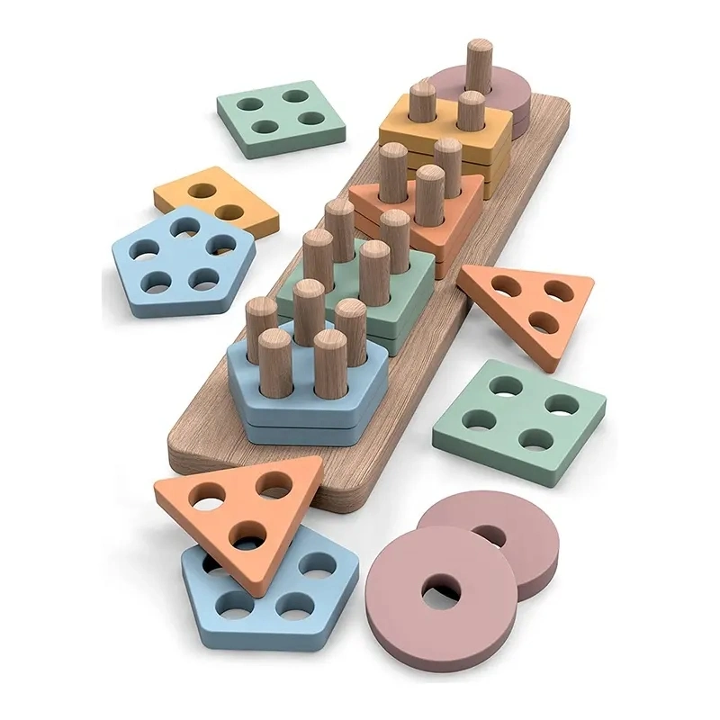 2023 Nuevo Montessori cinco columnas de inteligencia de la Junta de puzzles geométricos la coincidencia de apilamiento de juguete de madera módulos educativos para niños