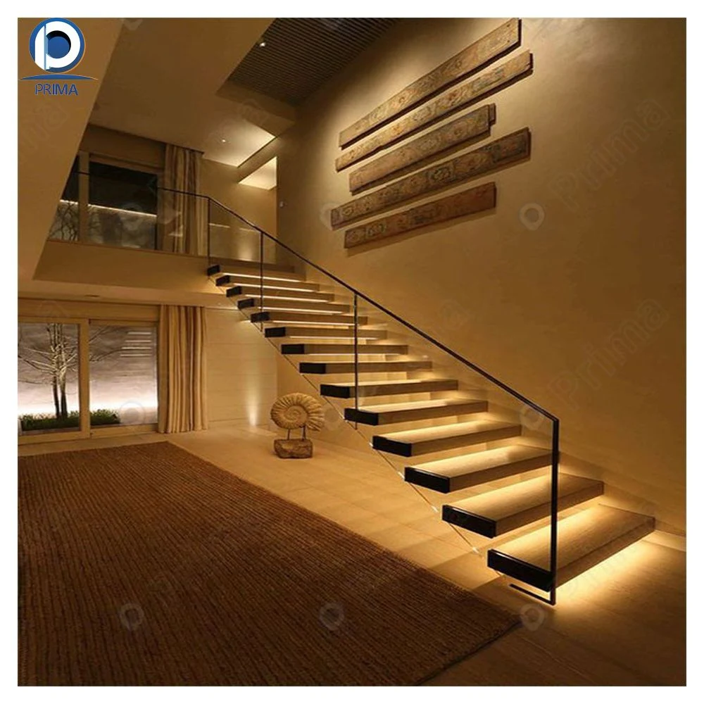 Prima China Produtos Venda a quente Invisible Steel Stringer Madeira flutuante Escada oculta escadas com alavanca Tempered Glass Panel escada flutuante