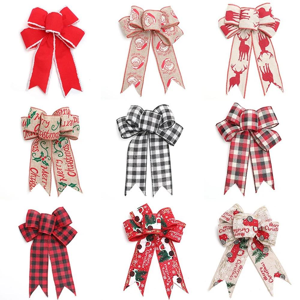 New Linen Handmade Christmas Bow Christmas Tree Elk Plaid Print Bow