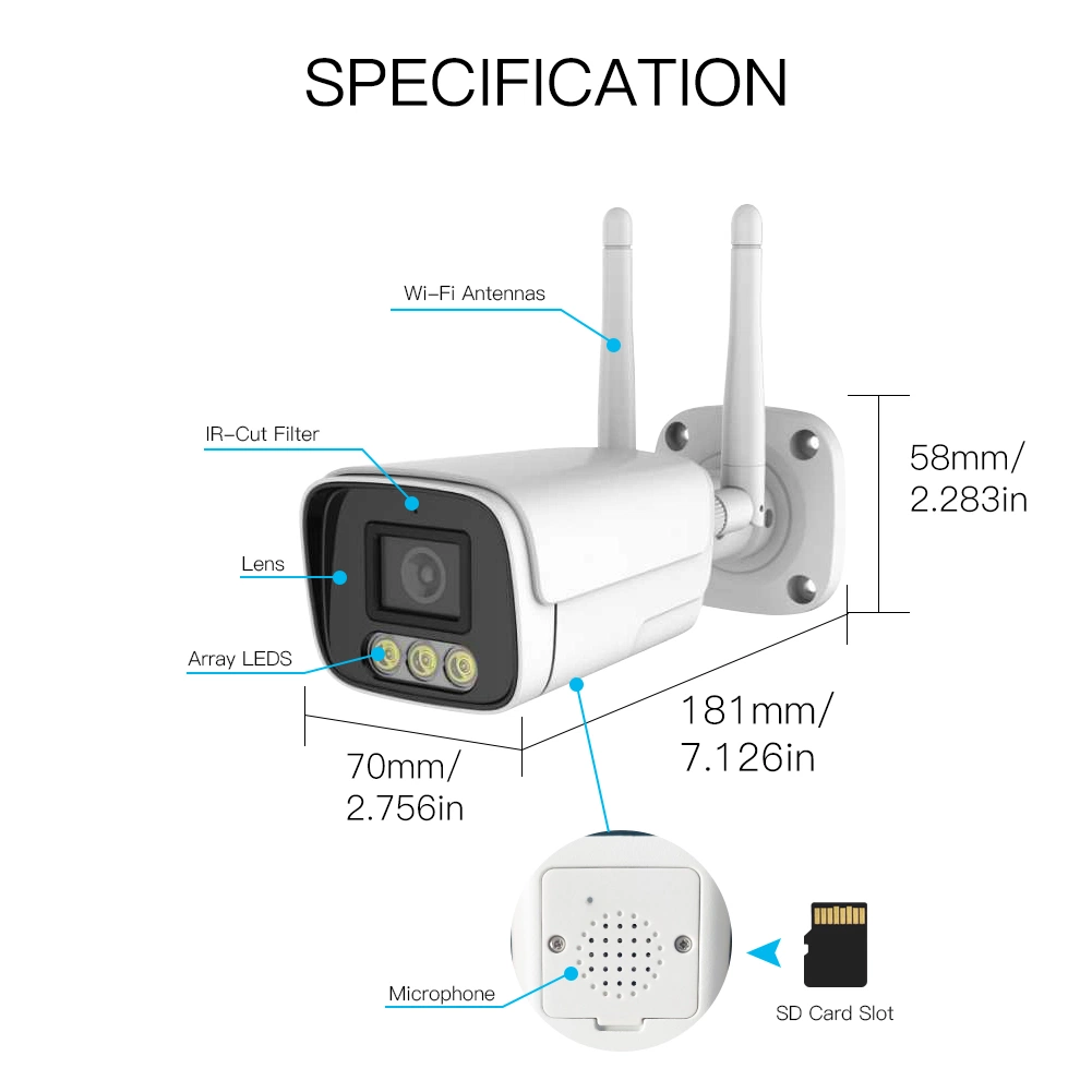 Tuya Smart 2MP 1080p Full HD de la seguridad exterior/interior de la cámara de visión nocturna por infrarrojos de vigilancia de la intemperie IP66 con alarma de nivel de sensibilidad ajustable