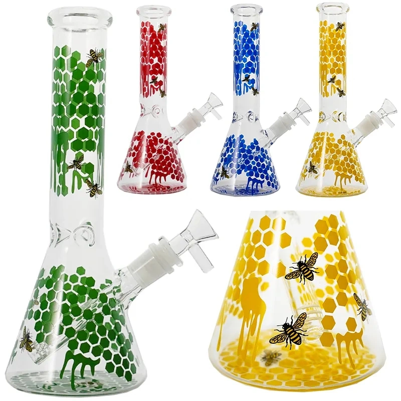 10 Inch Hookahs Buzz Beeker Glass with Honeycombed Bee Decal Beaker Straight Perc Water Pipes 18-14mm Scientific Diffuser Oil DAB Rigs