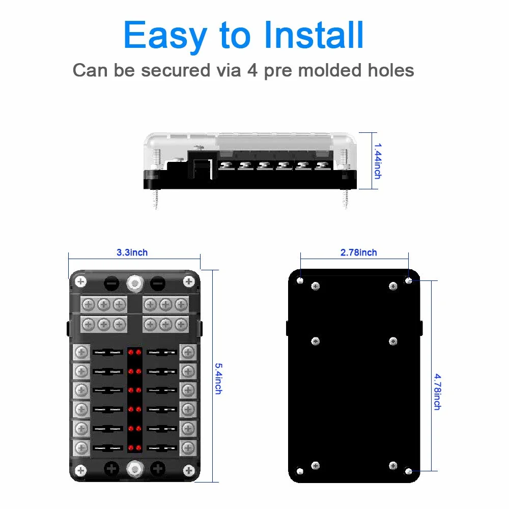 12-Way Fuse Box Blade Fuse Block Holder Screw Nut Terminal W/Negative Bus 5A 10A 15A 20A Fuses LED Indicator waterproof Cover for Automotive Car Marine Boat