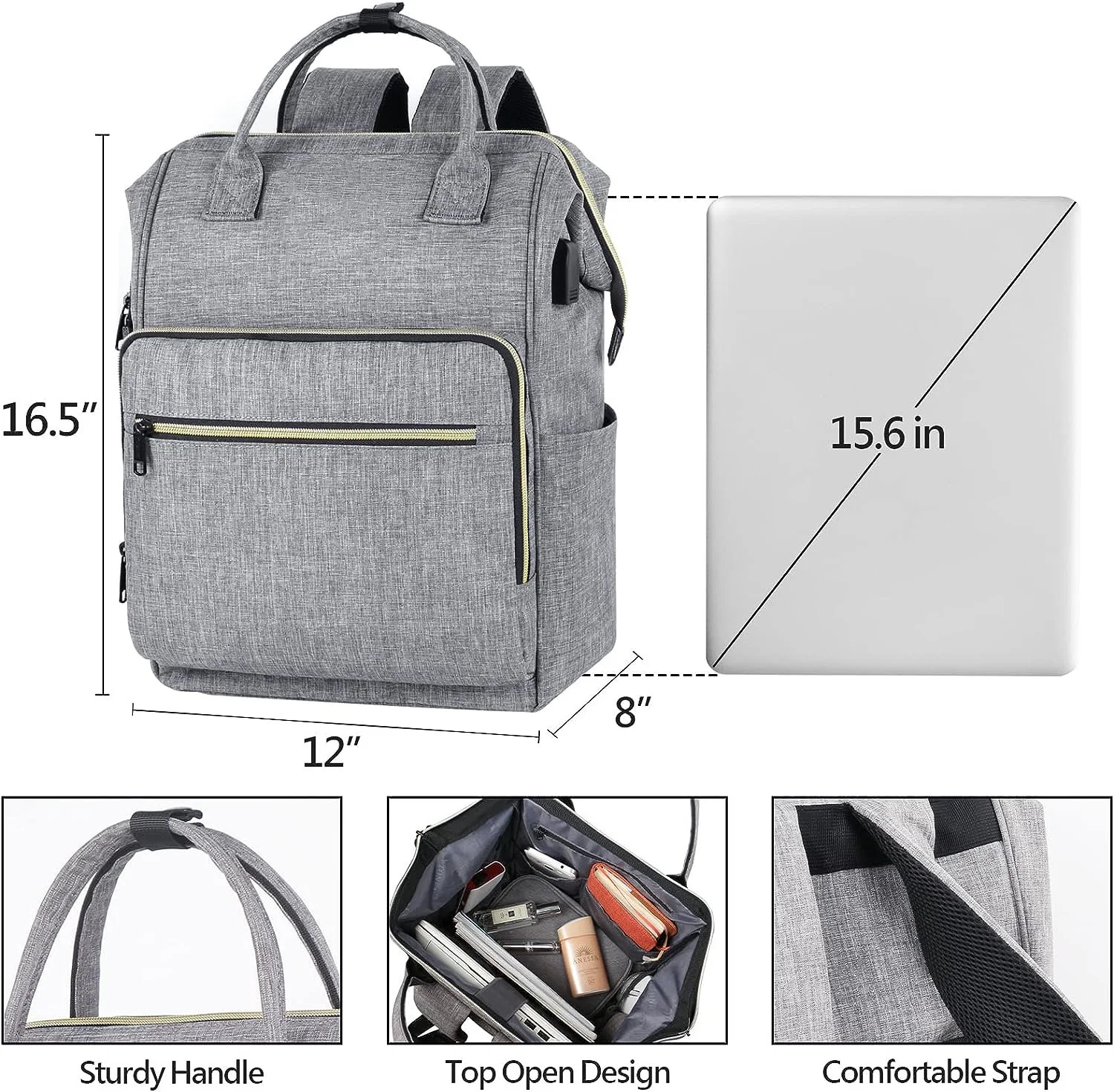 Mochila para computador portátil de 15.6 polegadas, resistente à água, Travel BackPack College com Encaixe de carregamento USB transportar na mala de computador