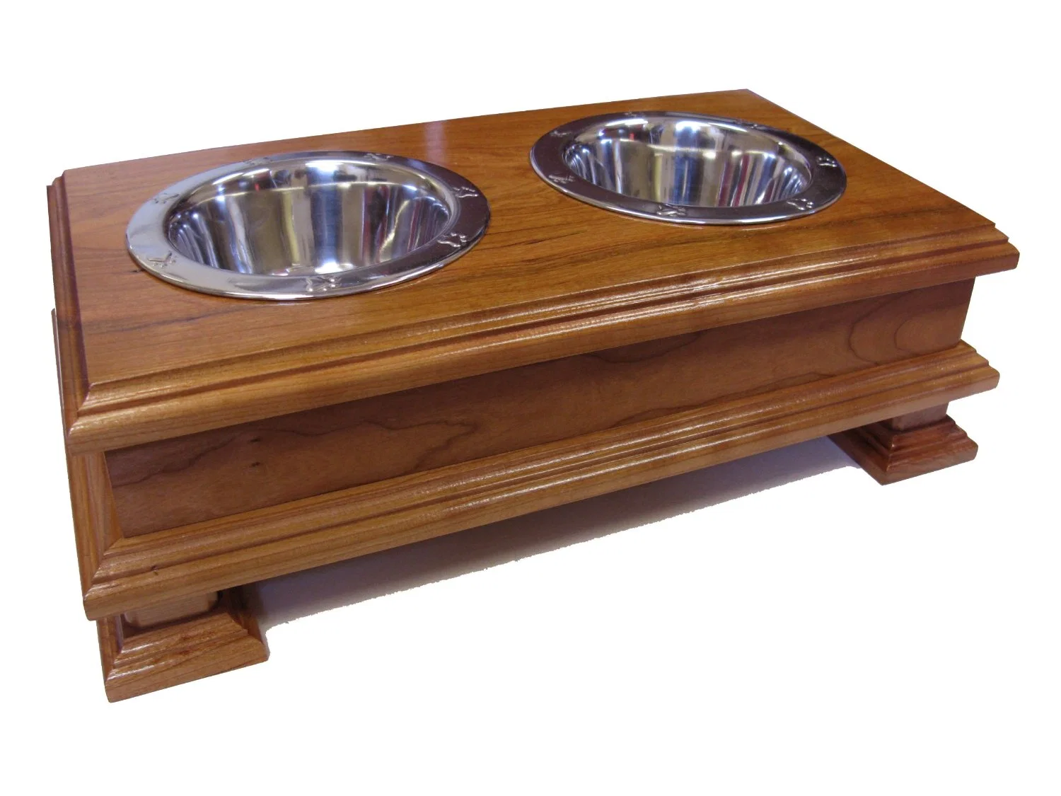 Cat Feeder Made by Handy Carving Wood Board and Stainless Steel Bowl