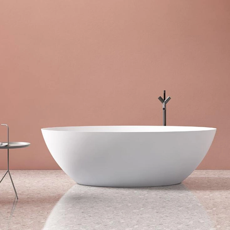 Ortonbath Oval Oliver Shape Irregular Shape Large Adult Bathroom Tub Acrylic Solid Surface Bathtub Freestanding Deep Soaking Bathtub with Center Drain Overflow