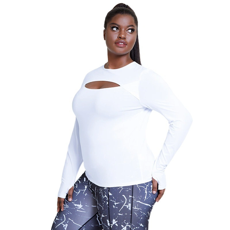 Plus Size Gym Wear Sport Athletic Women L-4XL Fitness Yoga Tops White Jogging Long Sleeve Workout Shirts with Thumb Hole