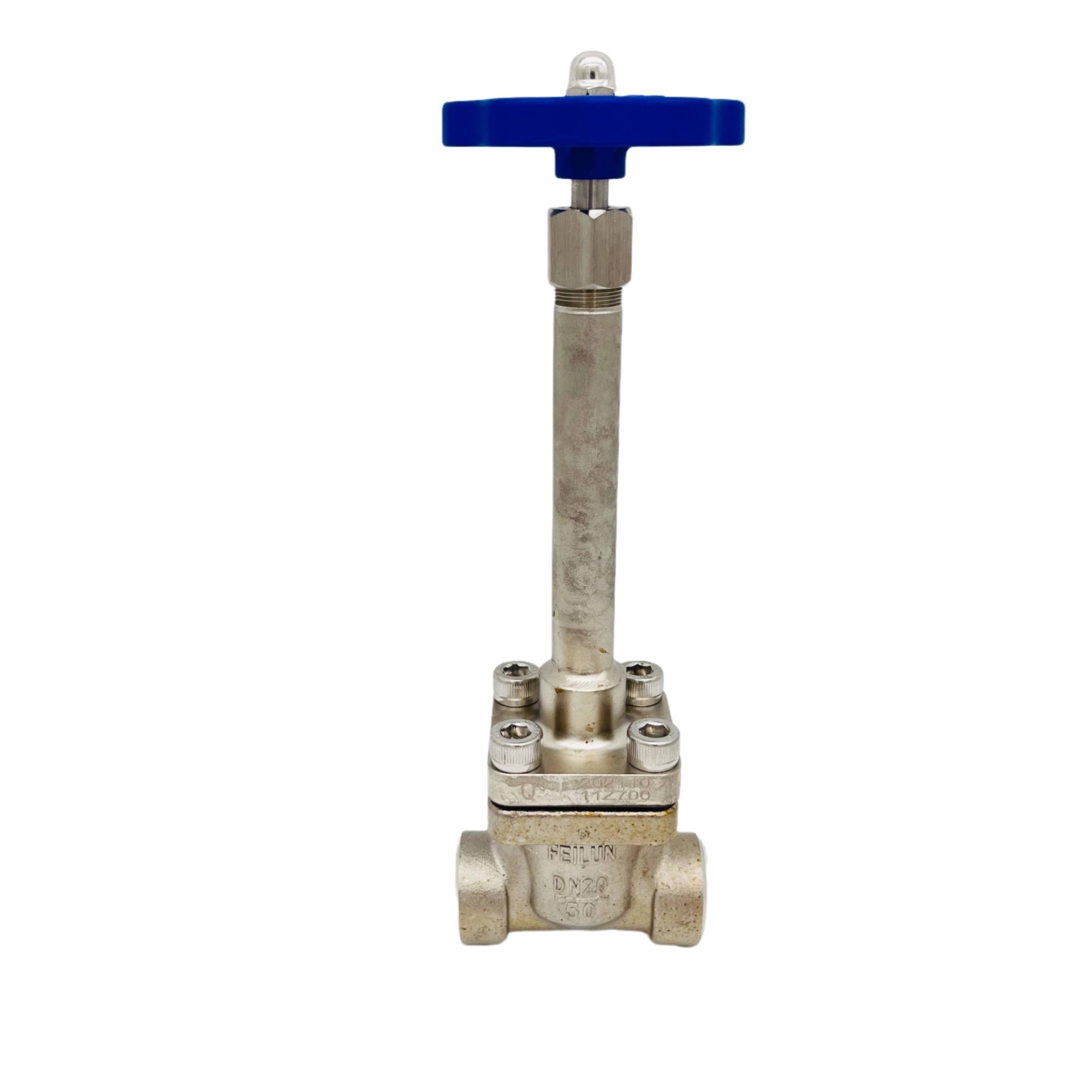 DJ-10d ~50d Feilun Cryogenic SS304 Flange Pressure Regulating Control Long Stem Shaft Low Temperature Stop Globe Blue Handle Valve for Gas LNG, Ln2, Lo2,Lar,CO2