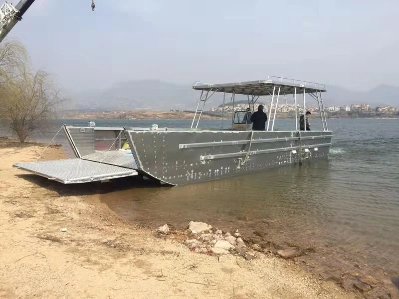 Embarcación de trabajo de fondo plano de aluminio para transporte de vehículos