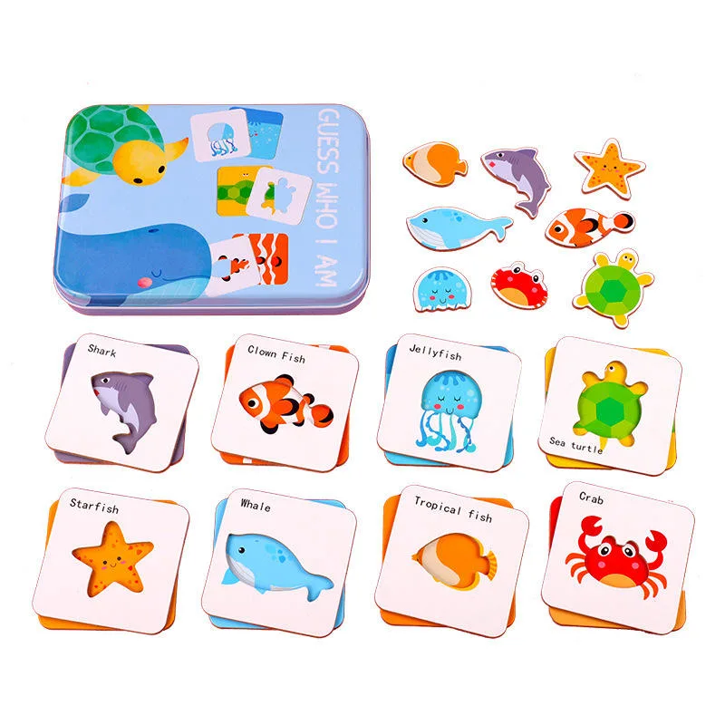 Jouets éducatifs enfants cognitif parent-enfant interactif animaux cartes de dessin animé deviner Qui suis-je les jouets en bois de forme